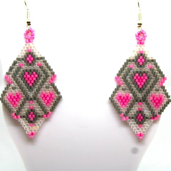 Handmade Jewelry - Handmade Beaded Heart Dangle Earrings